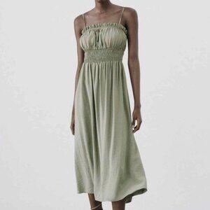 Zara Open Elastic Ruffle Back Spaghetti Strap Midi Dress Green Size Large